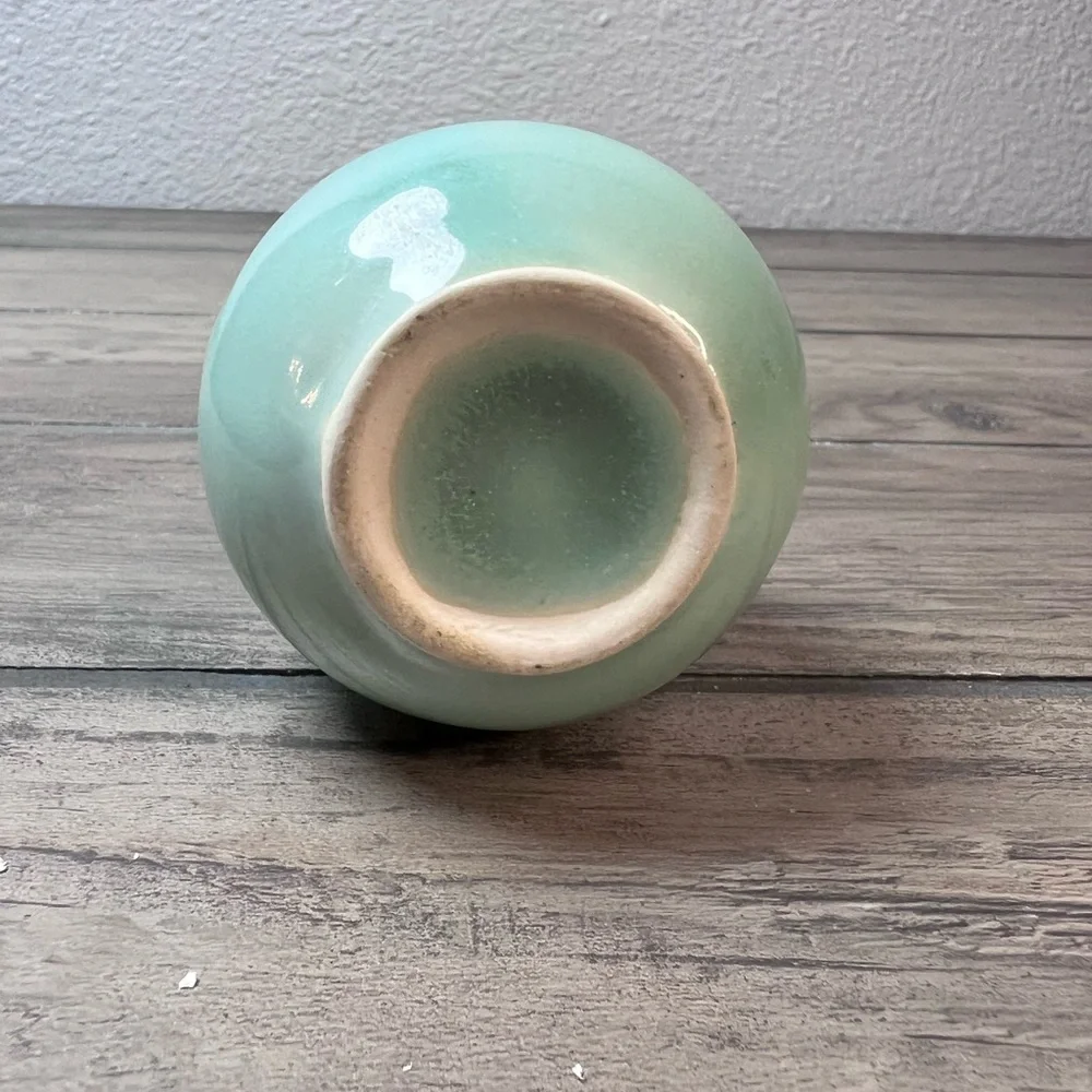 Vintage Green & Brown Drip Glaze Ceramic Vase TWO Handles 4.5” Tall Mid Century